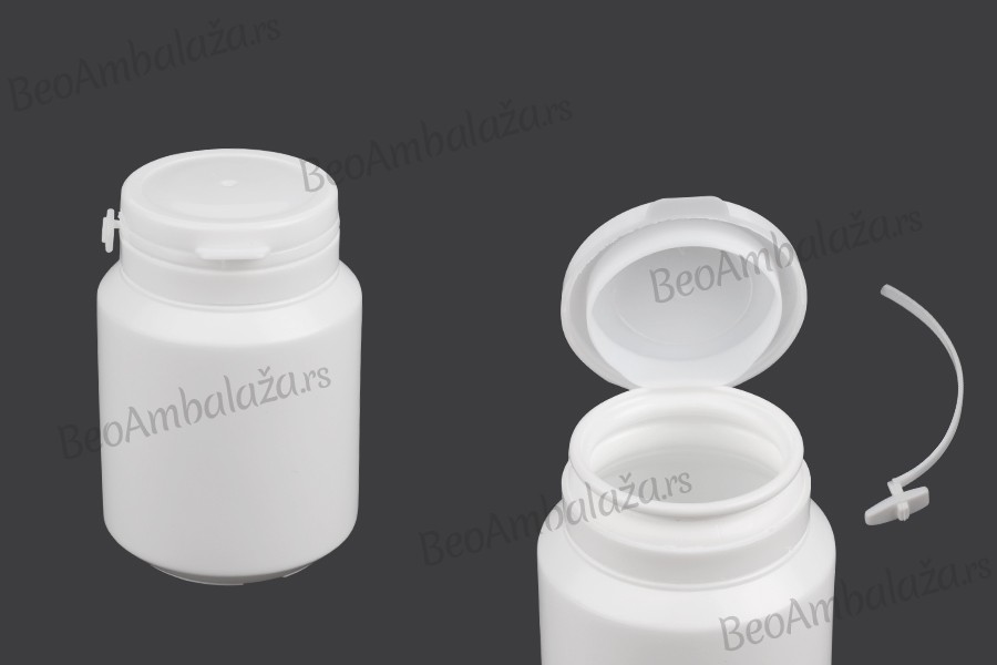 Bela plastična kutijica 100mL sa sigurnosnim klik poklopcem za pilule i kapsule