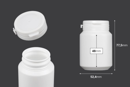 Bela plastična kutijica 100mL sa sigurnosnim klik poklopcem za pilule i kapsule-dimenzije_slike