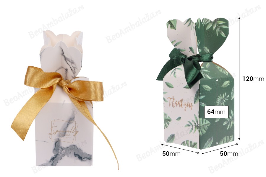 Papirna poklon kutija 50x50x120 mm sa trakom u različitim dezenima - 50 kom-dimenzije_slike