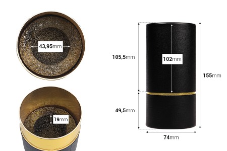 Cilindrična crna kartonska kutijica sa zlatnim detaljem 155x74mm za bočice-dimenzije_slike