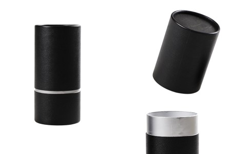 Cilindrična crna kartonska kutijica sa srebrnim detaljem 155x74mm za bočice-slika_proizvoda