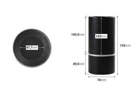 Cilindrična crna kartonska kutijica sa srebrnim detaljem 155x74mm za bočice-dimenzije_slike