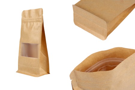 Kraft DoyPack kesice 100x60x200 mm sa zip zatvaranjem, prozorom, unutrašnjom i spoljašnjom providnom oblogom i mogućnošću termo zatvaranja  - 50 kom-slika_proizvoda