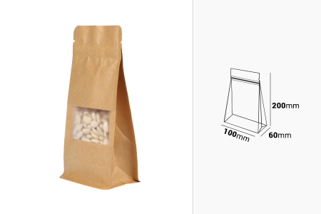 Kraft DoyPack kesice 100x60x200 mm sa zip zatvaranjem, prozorom, unutrašnjom i spoljašnjom providnom oblogom i mogućnošću termo zatvaranja  - 50 kom-dimenzije_slike