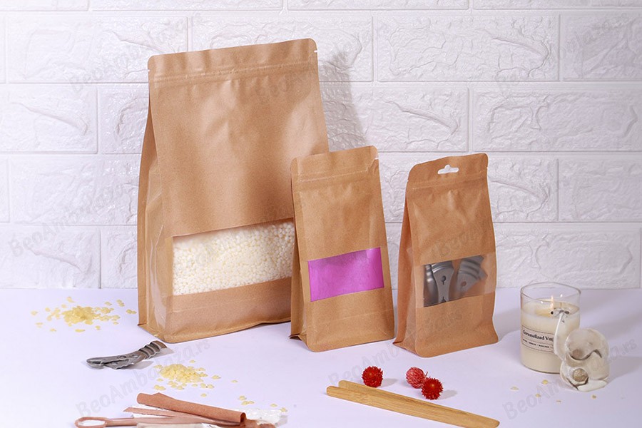 Kraft DoyPack kesice 200x80x300 mm sa zip zatvaranjem, prozorom, unutrašnjom i spoljašnjom providnom oblogom i mogućnošću termo zatvaranja  - 50 kom-grupa_slika