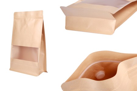 Kesice kraft DoyPack 180x80x280 mm, sa zip zatvaranjem, ventilom, prozorom, unutrašnjim i spoljašnjim providnim premazom i sa mogućnošću termo zatvaranja – 25 kom-slika_proizvoda