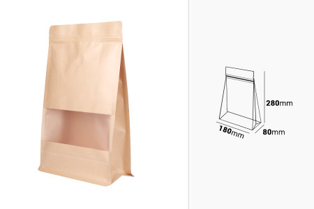 Kesice kraft DoyPack 180x80x280 mm, sa zip zatvaranjem, ventilom, prozorom, unutrašnjim i spoljašnjim providnim premazom i sa mogućnošću termo zatvaranja – 25 kom-dimenzije_slike