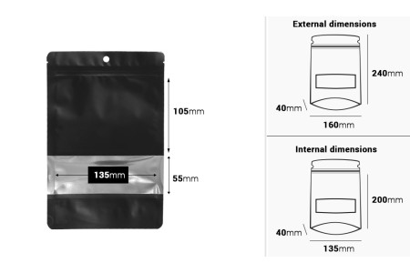Crna aluminijumska DoyPack  kesica sa zip zatvaranjem 160x40x240mm, prozorom, ovalnim dnom i sa mogućnošću termo lepljenja - 100kom-dimenzije_slike