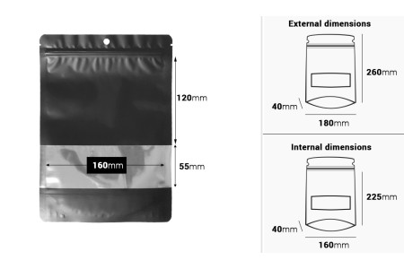 Crna aluminijumska DoyPack  180x40x260 mm kesica sa zip zatvaranjem, prozorom, ovalnim dnom i sa mogućnošću termo lepljenja - 100kom-dimenzije_slike