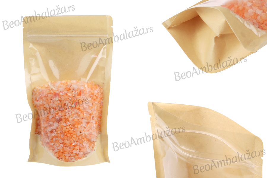 Kraft (14c) DoyPack kesice 120x40x200mm sa providnom prednjom stranom (8c), zip zatvaranjem i mogućnošću termo zatvaranja – 100 kom