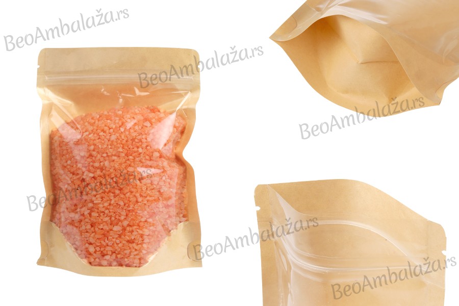 Kraft (14c) DoyPack kesice 140x40x200mm sa providnom prednjom stranom (8c), zip zatvaranjem i mogućnošću termo zatvaranja – 100 kom