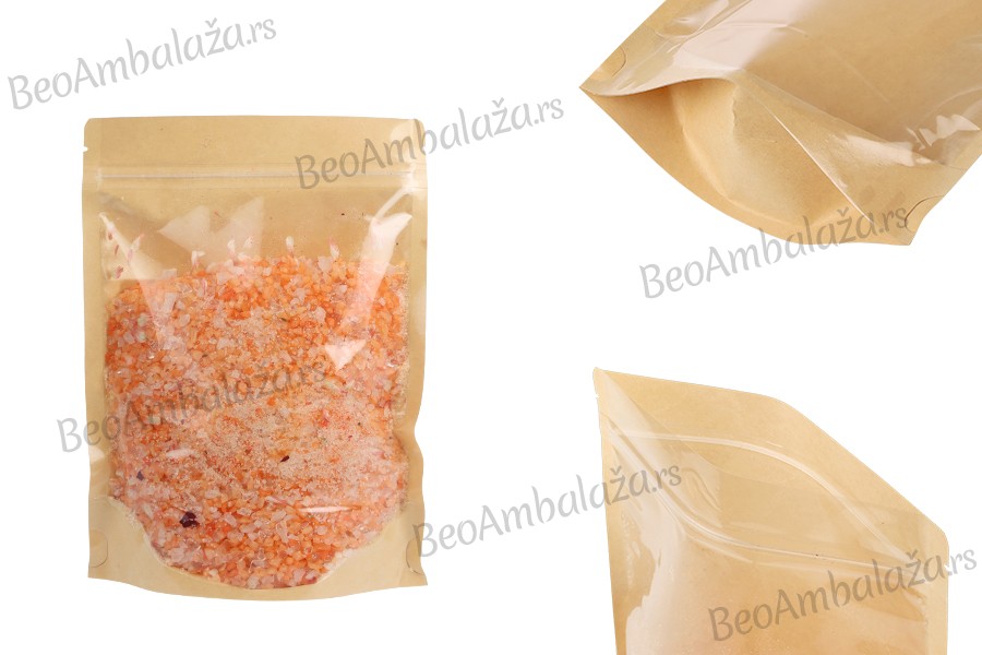 Kraft (14c) DoyPack kesice 160x40x220mm sa providnom prednjom stranom (8c), zip zatvaranjem i mogućnošću termo zatvaranja – 100 kom