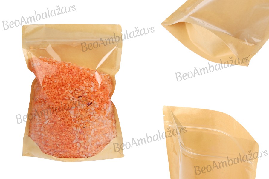 Kraft (14c) DoyPack kesice 180x40x260mm sa providnom prednjom stranom (8c), zip zatvaranjem i mogućnošću termo zatvaranja – 100 kom
