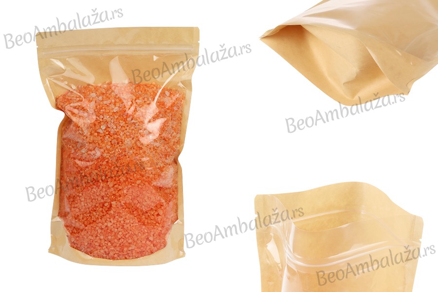 Kraft (14c) DoyPack kesice 200x50x300mm sa providnom prednjom stranom (8c), zip zatvaranjem i mogućnošću termo zatvaranja – 100 kom