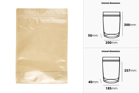 Kraft (14c) DoyPack kesice 200x50x300mm sa providnom prednjom stranom (8c), zip zatvaranjem i mogućnošću termo zatvaranja – 100 kom-dimenzije_slike