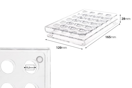 Stalak (postolje) od pleksiglasa 165x120x28mm - 24 otvora prečnika 15,5mm-dimenzije_slike