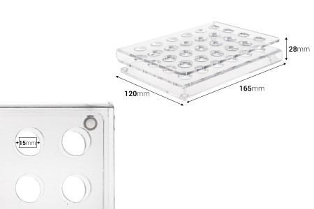 Stalak od pleksiglasa 165x120x28mm - 24 otvora prečnika 15mm-dimenzije_slike