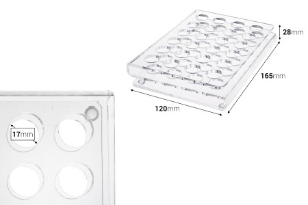 Stalak (postolje) od pleksiglasa 165x120x28mm - 24 otvora prečnika 17mm-dimenzije_slike