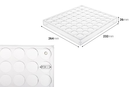 Stalak (postolje) od pleksiglasa 264x232x26mm - 56 otvora prečnika 27,5mm-dimenzije_slike