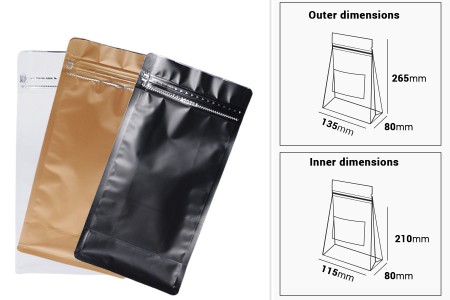 Aluminijumske DoyPack kesice na termo zatvaranje, sa sigurnosnom tračicom i zipom 135x80x265 mm - 3 boje-dimenzije_slike