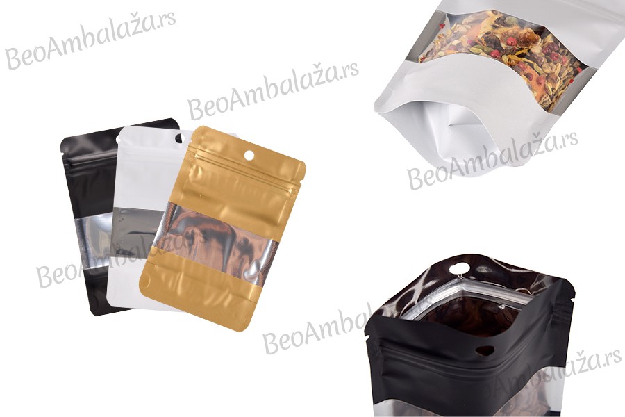 Aluminijumske DoyPack kesice sa zip zatvaranjem, prozorom, ovalnim dnom i sa mogućnošću termo lepljenja 100x30x150mm - 100kom