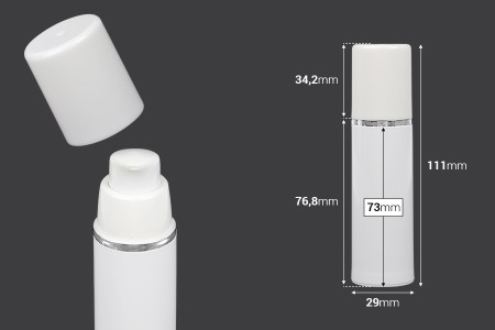 Airless bela plastična bočica 30mL za kreme sa srebrnom linijom i belim zatvaračem-dimenzije_slike