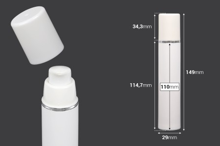 Airless bela plastična bočica 50mL za kreme sa srebrnom linijom i belim zatvaračem-dimenzije_slike