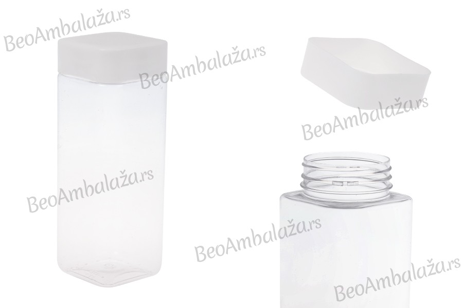 Plastična (PET) kockasta tegla za soli za kupanje 750mL, sa belim zatvaračem i zaptivkom na indukciono lepljenje