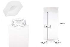 Plastična (PET) kockasta tegla za soli za kupanje 750mL, sa belim zatvaračem i zaptivkom na indukciono lepljenje