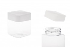 Plastična (PET) kockasta tegla za soli za kupanje 280mL, sa belim zatvaračem i zaptivkom na indukciono lepljenje