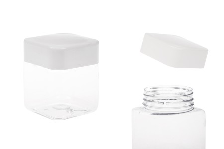 Plastična (PET) kockasta tegla za soli za kupanje 280mL, sa belim zatvaračem i zaptivkom na indukciono lepljenje-slika_proizvoda