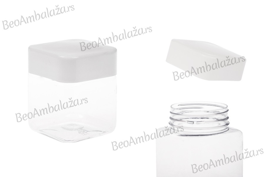 Plastična (PET) kockasta tegla za soli za kupanje 280mL, sa belim zatvaračem i zaptivkom na indukciono lepljenje