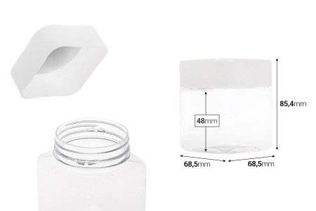 Plastična (PET) kockasta tegla za soli za kupanje 280mL, sa belim zatvaračem i zaptivkom na indukciono lepljenje-dimenzije_slike