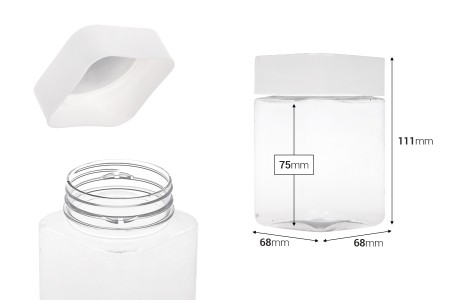 Plastična (PET) kockasta tegla za soli za kupanje 400mL, sa belim zatvaračem i zaptivkom na indukciono lepljenje-dimenzije_slike