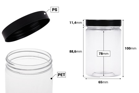 Plastična PET kutija 250mL za soli za kupanje, sa crnim zatvaračem 65x100 mm-dimenzije_slike