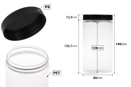 Plastična PET kutija 400mL za soli za kupanje, sa crnim zatvaračem 65x145 mm-dimenzije_slike