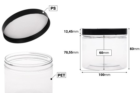 Plastična PET kutija 500mL za soli za kupanje, sa crnim zatvaračem 100x83 mm-dimenzije_slike