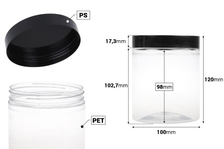 Plastična PET kutija 750mL za soli za kupanje, sa crnim zatvaračem 100x120 mm-dimenzije_slike