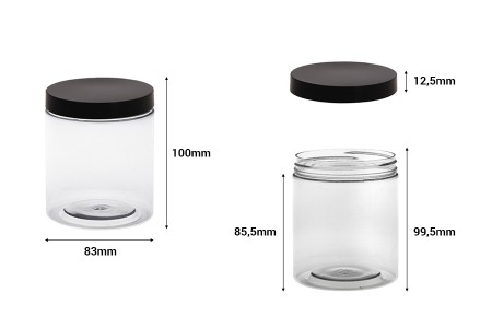 Plastična PET kutija 500mL za soli za kupanje, sa crnim zatvaračem 83x100 mm-dimenzije_slike