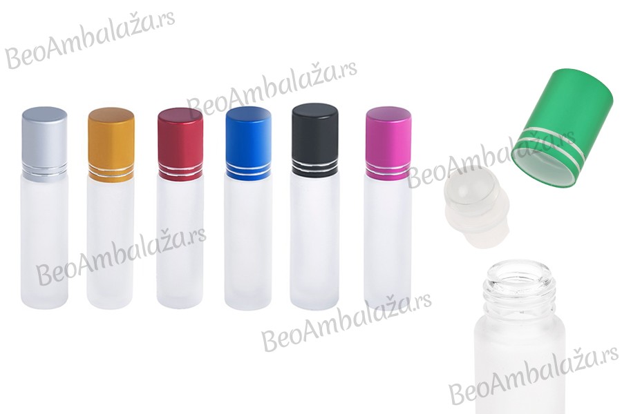 Staklena peskirana roll-on bočica 10mL sa staklenom kuglicom i zatvaračem u raznim bojama - 12 kom