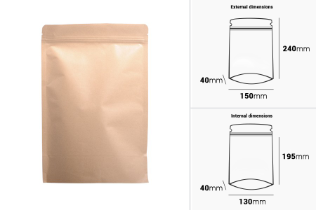 Kraft DoyPack kesice sa zip zatvaranjem, unutrašnjom aluminijumskom oblogom, ovalnim dnom i sa mogućnošću termo zatvaranja 150x40x240 mm – 50 kom-dimenzije_slike