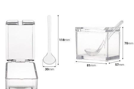 Plastična providna kutijica 81x57x70 mm sa ugrađenim poklopcem i kašičicom (dužina 118 mm) za slatkiše i začine-dimenzije_slike