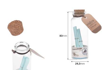 Staklene dekorativne bočice za želje sa plavim papirom i sa čepom od plute - 12 kom-dimenzije_slike