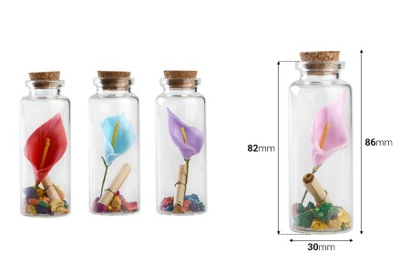 Staklene dekorativne bočice za želje sa cvetom i sa čepom od plute - 12 kom-dimenzije_slike