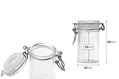 Staklena okrugla teglica 60mL, sa staklenim poklopcem sa hermetičkim zatvaranjem (žicom i gumicom)-dimenzije_slike