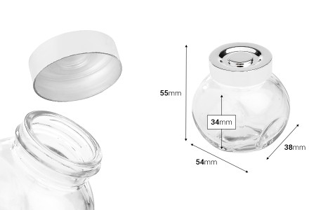 Staklena teglica 50mL sa dve osnove (za bočno postavljanje) i plastičnim zatvaračem u srebrnoj boji-dimenzije_slike
