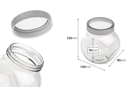 Staklena tegla 600mL sa dve osnove, (za bočno postavljanje), sa plastičnim zatvaračem sa prozorom u srebrnoj boji-dimenzije_slike