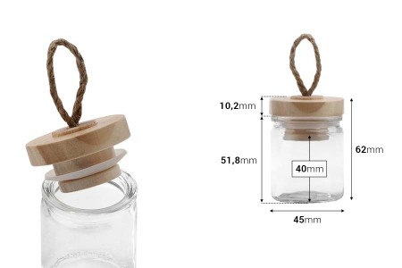 Staklena okrugla teglica 40mL, sa drvenim poklopcem i zakačkom-dimenzije_slike