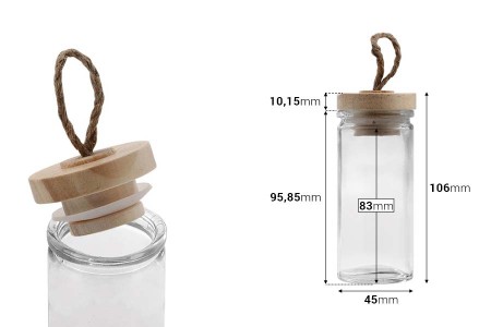 Staklena okrugla teglica 90mL, sa drvenim zatvaračem i zakačkom-dimenzije_slike