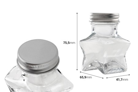 Staklena teglica 60mL u obliku zvezde sa aluminijumskim zatvaračem sa zaptivkom, u srebrnoj boji-dimenzije_slike